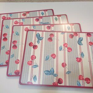 Retro Cherry Placemats Set of 4 With Cork Backing Red Stripes and Leaves